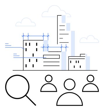 Çizilmiş binaların, büyüteçlerin ve insanların simgelerinin olduğu şehir manzarası. Kentsel planlama, toplum analizi, gayrimenkul, takım rolleri, adam toplama, veri içgörüsü soyut çizgisi düz metaforu için ideal