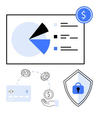 Pasta çizelgesi analizi, kredi kartı, bozuk paralar, el yapımı para, kilitli güvenlik kalkanı. Finans, bankacılık, güvenlik, ödeme sistemleri veri analizi için ideal