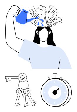 Kafasından filizlenen çiçekleri sulayan kadın yaratıcılığı temsil ediyor. Anahtarlar çözümleri simgeler, kronometre ise zaman yönetimini. Yenilik, kendini geliştirme, farkındalık ve eğitim için ideal