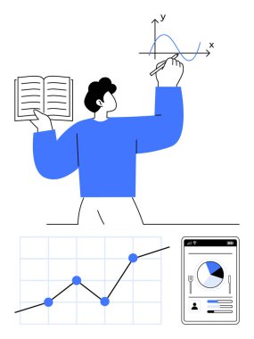 Kalemle grafik çizerken elinde açık bir kitap tutan kişi. Satır grafiği, mobil cihazdaki veri grafikleri içerir. Veri analizi, eğitim, sunumlar, karar verme, strateji ve öğrenme için ideal
