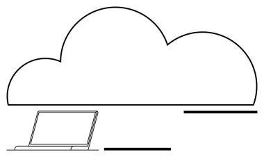 Bir dizüstü bilgisayarın üstündeki büyük bulut, bulut hesaplama ve veri depolamayı temsil ediyor. Teknoloji, yenilik, dijital dönüşüm, uzaktan çalışma, otomasyon, bağlantı, soyut çizgi için ideal