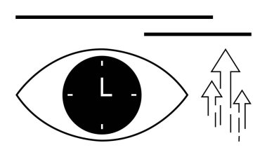 İçinde saat olan göz, yukarı doğru oklar gelişmeyi ve görüşü ifade eden basit çizgiler odağı artırıyor. Üretkenlik, hedefler, yenilik, planlama, başarı, vizyon soyut çizgi düz metaforu için ideal