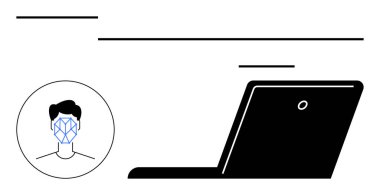 Tanınan yüz ve dizüstü bilgisayar kimlik doğrulama ve yapay zeka işlemlerini temsil ediyor. Siber güvenlik, biyometri, gizlilik, teknoloji, yenilik, kimlik doğrulama, soyut çizgi için ideal