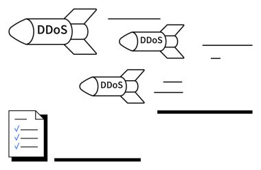 Missiles labeled DDoS flying toward a document with checkmarks, visualizing cyberattacks and security threats. Ideal for cybersecurity, hacking, IT risks, online vulnerability, data protection clipart