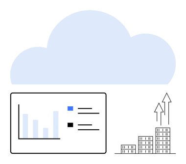 Analitik torpido gözünde bulut ve binaların üzerinde çizgi grafik ve ilerleme okları var. Teknoloji eğilimleri, veri depolama, iş büyümesi, dijital çözümler, bulut yeniliği, tahmincilik, soyut