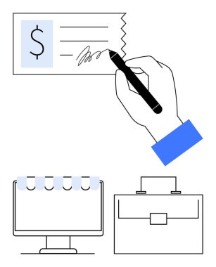 Çek imzalıyorum, masaüstü monitörü, tente ve iş çantası. Finans, muhasebe, e-ticaret, ticari işlemler, bankacılık girişimciliği ödemeleri için idealdir. Soyut çizgi