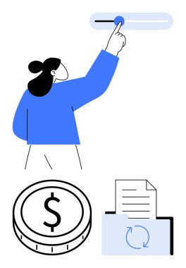 Kadın kaydırmayı ayarlar, kontrolü sembolize eder. Madeni para, finans, belge ve klasör veri depolama ve güncellemeleri temsil eder. Fintech, bütçe, organizasyon, iş akışı denetimi için ideal