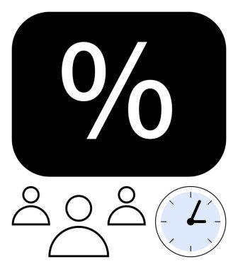 Percentage symbol in black box with user icons and clock conveys concepts of statistics, teamwork, and time optimization. Ideal for business, performance, efficiency, and planning. Abstract line flat clipart