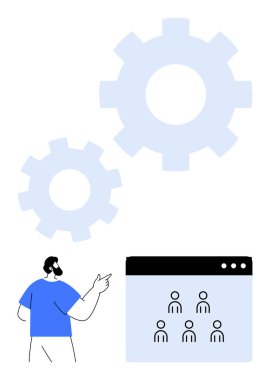 Takım simgeleriyle tarayıcıyı gösteren adam, büyük vitesler takım çalışmasını, sistem süreçlerini sembolize eder. Yönetim, strateji, iş akışı, üretkenlik, organizasyon, işbirliği için ideal düz çizgi