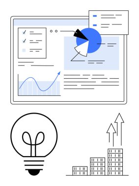 Çizelgeleri, grafikleri ve ölçümleri gösteren analitik gösterge paneli. Büyüyen oklar, ampul yeniliği ve yükselen binalar başarı için. İş stratejisi, veri ve ilerleme fikirleri için ideal verimlilik