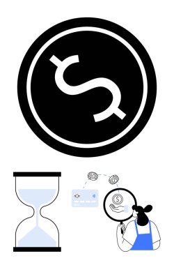 Kum saati, büyüteçle parayı analiz eden kişi, para birimi sembolü. Finans, yatırım, zaman yönetimi, analiz, ekonomik planlama tasarruf stratejileri için ideal. Soyut çizgi