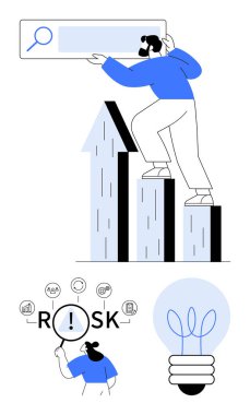 Arama çubuğuyla çizelgeye tırmanan kişi, risk analizi ve yenilik ampulü konsepti. Ticari büyüme, mali planlama, yenilik, strateji, analitik, risk yönetimi soyut çizgisi için ideal
