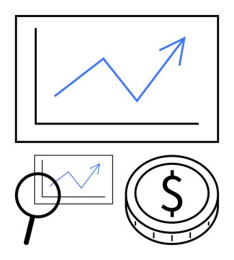Yukarı doğru eğilimli çizgi grafiği, büyüteç ve madeni büyümeyi, analizi ve karı simgeleyen madeni para. İş, finans, veri ve yatırım ekonomisi için idealdir.
