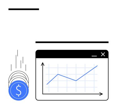 Bozuk para yığını web 'in yanında, V08 tarayıcı penceresinde yükselen bir çizgi grafiği gösteriliyor. Finans konuları, yatırım, ekonomik büyüme, iş analizleri, borsa, zenginlik yönetimi, dijital ekonomi için ideal