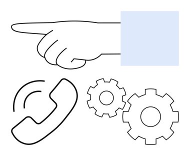 Sol eli işaret eden, telefon ahizesi simgesi ve iki vites. Müşteri hizmetleri için ideal, teknik destek, iletişim, çağrı merkezleri, sorun çıkaran teknoloji hizmetleri rehberi. Satır metaforu