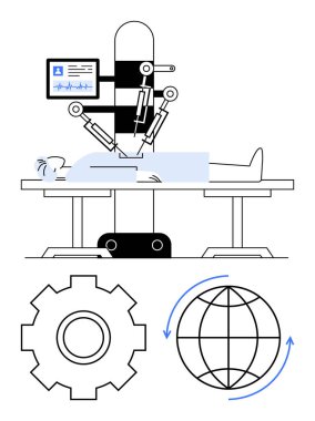 Hasta üzerinde robot destekli cerrahi prosedür, mekanik kollar, monitör, vites, oklu dünya. Sağlık, robot bilimi, yapay zeka, cerrahi teknoloji yeniliği için ideal. Küresel bağlantı soyut.