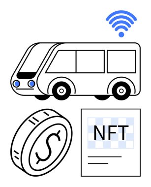 Modern bus wireless-enabled connectivity, digital payment coin icon, and NFT document. Ideal for smart cities, fintech, blockchain, digital innovation, public transport, tech adoption abstract line clipart