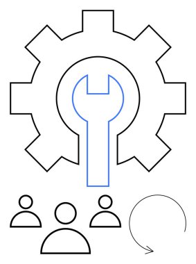 Vites ve anahtar araçları ve bakımı sembolize eder, takım çalışması için grup simgeleri, döngüler için eğri oklar. İş dünyası, takım çalışması, çözümler, süreç akışı, işbirliği, onarım verimliliği için ideal