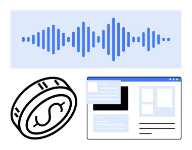 Dolar işaretli dijital para, kartlı web sitesi düzeni ve mavi ses dalgası. Finans, dijital para birimi, web geliştirme, kullanıcı arayüzü, ses fintech multimedya için ideal. Satır metaforu