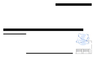 Küresel ağları tasvir eden bağlantı hatları olan dünya, veri depolamayı sembolize eden sunucular, minimal çizgiler ve modern teknoloji tasarımı için şekiller. Dijital iletişim, bilişim ve küresel ticaret için ideal