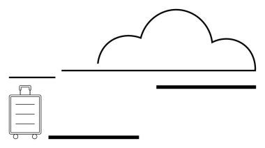 Yuvarlanan bavul ve bulut ana hatları soyut tarzda seyahat, keşif ve hareket anlamına gelir. Turizm, tatil, lojistik, küresel hareketlilik, özgürlük, umutlar ve minimalist tasarım için ideal
