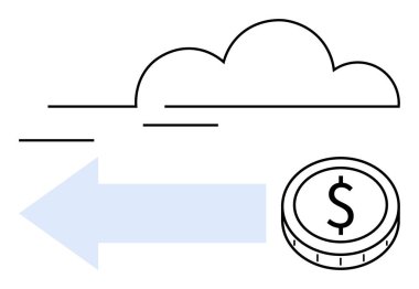 Mavi ok, bulut anahatlarının yakınındaki bir dolar parasına işaret ediyor. Finansal işlemleri, bulut hesaplamayı ve dijital para birimini sembolize ediyor. Fintech, bulut ödemesi, ekonomi, çevrimiçi iş, dijital için ideal