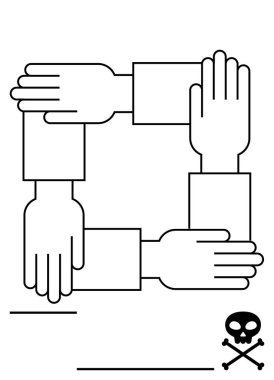 Four hands interlock in a square formation, symbolizing teamwork and unity. Below, crossbones suggest caution. Ideal for collaboration, unity, warnings, solidarity, risk teamwork abstract line flat clipart