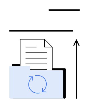 Bir belge ve dairesel oklarla dizin senkronizasyonu sembolize eder. Dikey ok bulut transferini gösteriyor. Üretkenlik, veri yönetimi, organizasyon, dijital depolama, verimlilik için ideal
