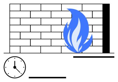 Korunma ve güvenliği temsil eden mavi alevli tuğla duvar, zaman yönetimi ve izlemeyi sembolize eden bir saat eşliğinde. Siber güvenlik, esneklik, yangın güvenliği ve teknoloji için ideal.
