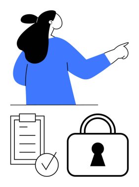 Woman pointing with confidence, clipboard checklist with tickmark, and padlock signifying privacy, accountability, and trust. Ideal for security, privacy, data protection, organization productivity clipart