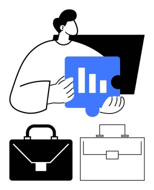 Çubuk grafiği olan profesyonel bir bulmaca, veri analizini vurguluyor. İki asgari evrak çantası iş, planlama ve takım çalışmasını simgeliyor. Analiz, finans, strateji ve liderlik için ideal