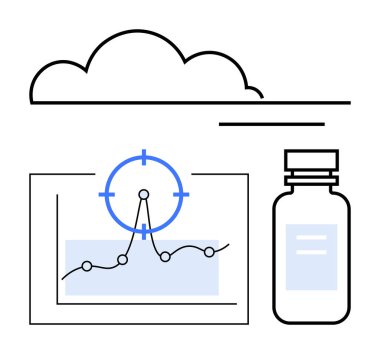 Veri noktaları, analitik hedef, bulut motifi ve ilaç şişesi bilim ve teknoloji temalarını birleştiren grafikler. Sağlık, yenilik, analitik, veri eğilimleri, bilgisayar tıbbı veya