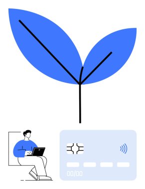 Mavi yaprak çevre dostluğunu, dizüstü bilgisayarda çalışan adamı ve kredi kartını sembolize ediyor. Fintech, çevre dostu finans, dijital bankacılık, teknoloji, sürdürülebilirlik e-ticaret yeniliği için ideal. Soyut