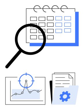 Takvim üzerinde büyüteç, hedefle grafik ve dişli klasörde dosyalar. Üretkenlik, planlama, analitik, zaman yönetimi, araştırma, organizasyon ofis işleri için ideal