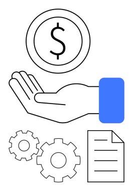 Dolar sembolü ile uzatılmış, dişliler ve bir belge ile çevrili. Finansal hizmetler, iş çözümleri, yatırım planlaması, ekonomik büyüme, operasyonel yönetim, bütçe