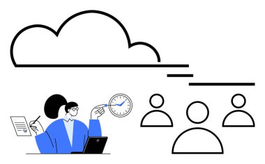 Dizüstü bilgisayarı, saati, bulutu ve takım ikonlarıyla çalışan bir kadın. Takım çalışması için ideal, bulut tabanlı araçlar, zaman yönetimi, görev organizasyonu, liderlik iletişimi soyut çizgi