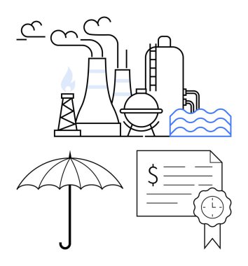 Duman yayan endüstriyel fabrika, korunmayı sembolize eden şemsiye ve onaylandığını gösteren sertifika. Sigorta, çevre koruma, endüstri standartları, uyum, sertifika için ideal