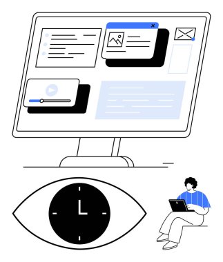 Büyük bilgisayar ekranı, açık uygulamalar, saati olan bir göz ve dizüstü bilgisayar kullanan biri. Üretkenlik, odak, çoklu görev, zaman yönetimi, teknoloji kullanımı, dijital iş akışı soyut çizgisi için ideal