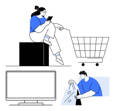 Akıllı telefonlara göz atmak, büyük alışveriş arabaları, e-ticaret sitesini temsil eden büyük ekranlar, ve teslimat çantaları alan şahıslar. E-ticaret için ideal, çevrimiçi alışveriş, dijital pazarlama, müşteri