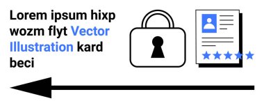 Asma kilit, profil fotoğrafı ve yıldız dereceli belge, sol işaret eden ok ve metin. Siber güvenlik, veri koruması, mahremiyet, kullanıcı profilleri, değerlendirmeler güvenli iletişim için ideal