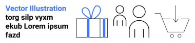 Mavi kurdeleli hediye kutusu, iki stilize insan ikonu ve oklu bir alışveriş arabası ikonu. E-ticaret, hediye alışverişi, müşteri hizmetleri, sosyal etkileşimler, perakende, pazarlama için ideal