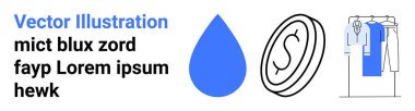 Mavili Vector Illustration ile metin karışımı, soyut mavi damlacık şekli, stilize edilmiş bir para ve giysili basit bir gardırop. Tasarım temaları, soyut kavramlar, yaratıcı projeler için ideal