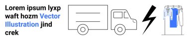Yıldırım simgesi ve askıda giysileri olan bir teslimat kamyonu. E-ticaret, lojistik, hızlı moda, dağıtım hizmetleri, online alışveriş, tedarik zinciri ve iş çözümleri için ideal. İniş sayfası