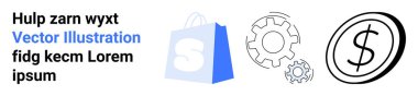 S harfli alışveriş çantası, ayarları ve gelişimi sembolize eden vitesler ve bir dolar işareti. E-ticaret, online alışveriş, finans, teknoloji ve iş için ideal. İniş sayfası
