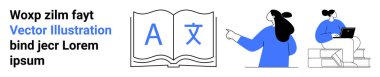 Dil sembolleri olan açık bir kitap, sembolleri işaret eden biri, dizüstü bilgisayarlı bir kadın. Eğitim, dil kursları, e-öğrenme, eğitim platformları, çevrimiçi öğretmenlik, sanal sınıflar için ideal