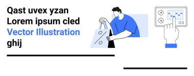 Alışveriş torbaları tutan müşteri, dokunmatik ekran arayüzü ile el etkileşimi, mavi röfleli metin tutucu. E-ticaret, perakende, teknoloji, mobil uygulamalar, dijital pazarlama ve tüketici için ideal