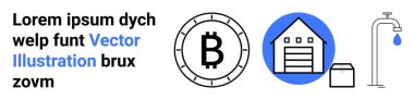 Bitcoin sembolü, depolama binası, kutu ve damlacıklı su musluğu. Simge, kripto para, lojistik, su koruma ve e-ticaret temalarını göstermektedir. Dijital arayüzler için ideal