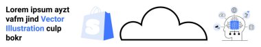 Mavi bir alışveriş torbası ve sağ tarafında teknoloji simgeleri olan siyah çizgili bir bulut. Bulut hizmetleri, e-ticaret, teknoloji entegrasyonu, online alışveriş, veri yönetimi için ideal. İniş