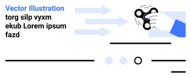 El dönmeleri, hareketli hareketler, üç ok, noktalar ve çizgiler, mavi ve siyah tonlarda yazılar. Rahatlama, stres atma, oyuncak tasarımı, hareket, basitlik, minimalizm, dikkat için ideal