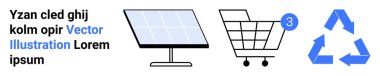 Güneş paneli, tebligat ve geri dönüşüm sembollü alışveriş arabası, yenilenebilir enerji, çevrimiçi alışveriş ve çevre bilincinin altını çiziyor. Sürdürülebilirlik ve e-ticaret temaları için ideal